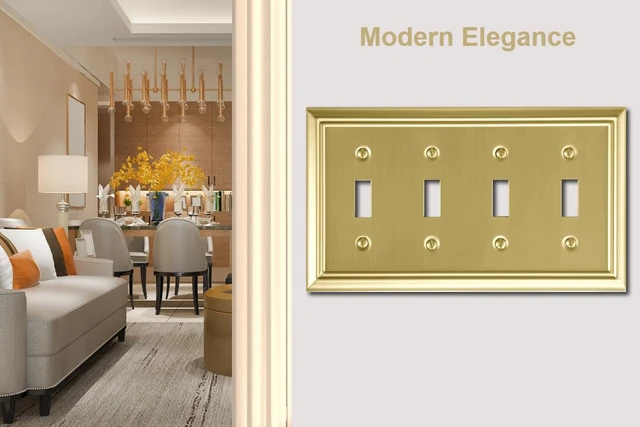 Alt view image 4 of 7 - Quadruple Toggle Light Switch Cover Adler Metal Wall Plate, 2-Pack Brushed Brass 4 Gang, Light Switch Cover Decorative Wallplate, Durable