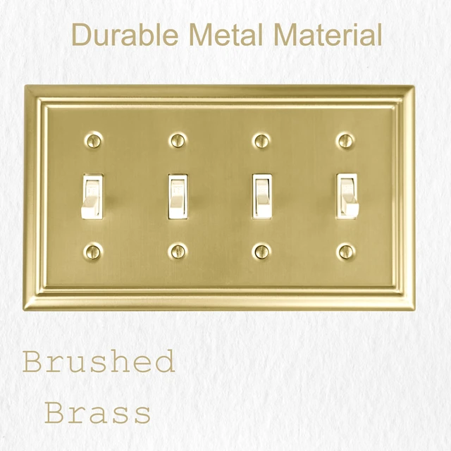 Alt view image 3 of 7 - Quadruple Toggle Light Switch Cover Adler Metal Wall Plate, 2-Pack Brushed Brass 4 Gang, Light Switch Cover Decorative Wallplate, Durable