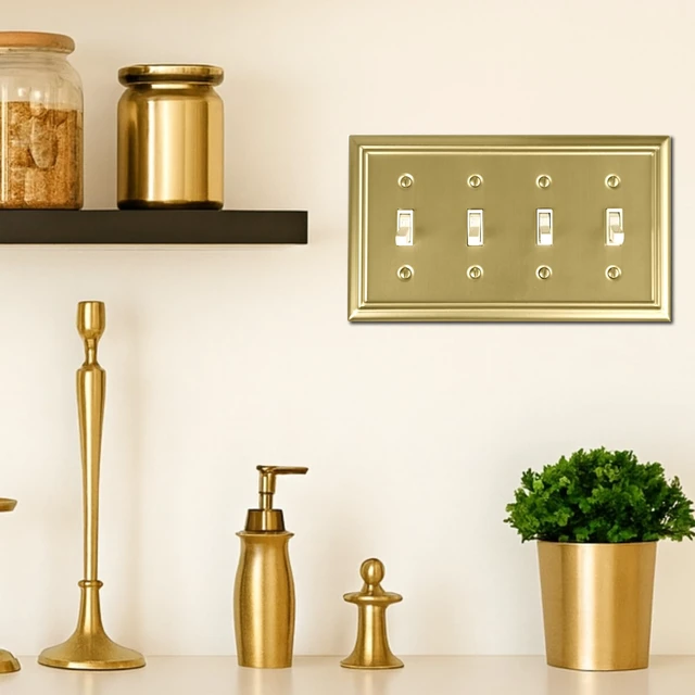 Alt view image 5 of 7 - Quadruple Toggle Light Switch Cover Adler Metal Wall Plate, 2-Pack Brushed Brass 4 Gang, Light Switch Cover Decorative Wallplate, Durable