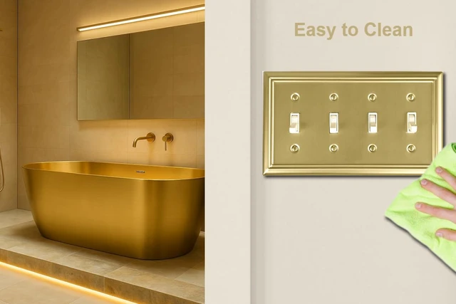 Alt view image 6 of 7 - Quadruple Toggle Light Switch Cover Adler Metal Wall Plate, 2-Pack Brushed Brass 4 Gang, Light Switch Cover Decorative Wallplate, Durable