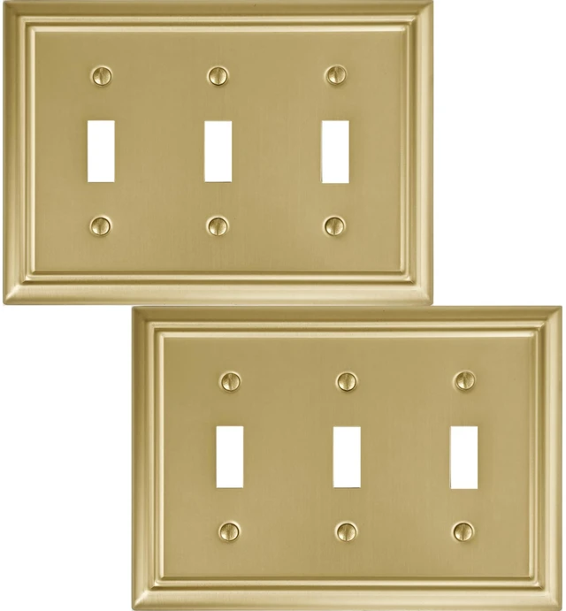 Main image of Triple Toggle Light Switch Cover Adler Metal Wall Plate, 2-Pack Brushed Brass 3 Gang, for Light Switch Cover Decorative Wallplate, Durable