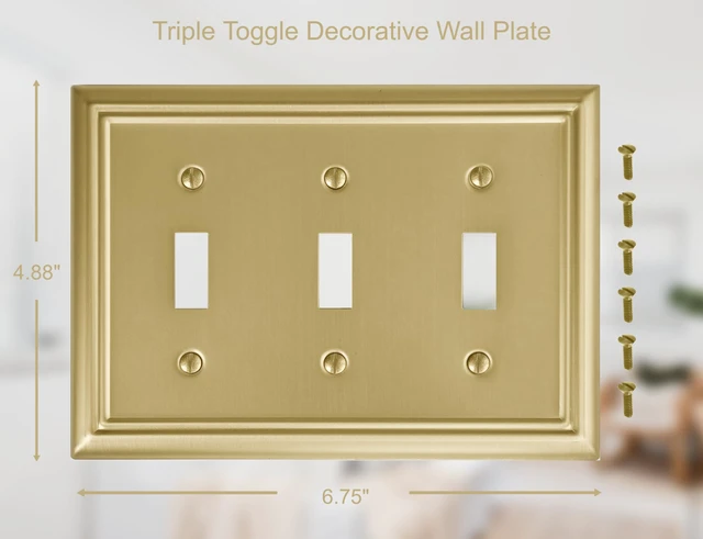 Alt view image 2 of 7 - Triple Toggle Light Switch Cover Adler Metal Wall Plate, 2-Pack Brushed Brass 3 Gang, for Light Switch Cover Decorative Wallplate, Durable