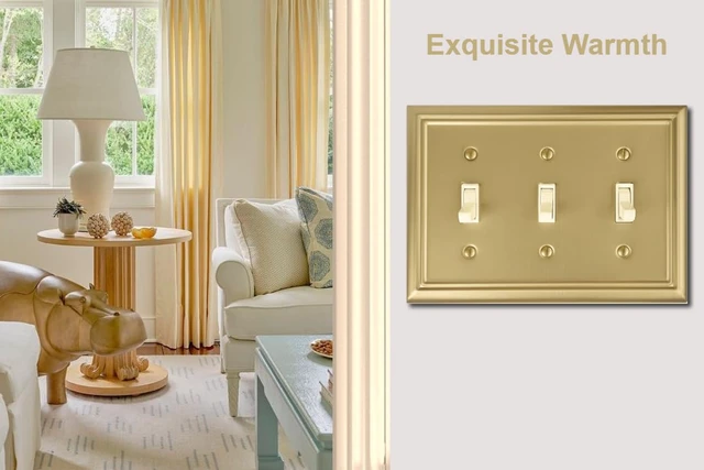 Alt view image 4 of 7 - Triple Toggle Light Switch Cover Adler Metal Wall Plate, 2-Pack Brushed Brass 3 Gang, for Light Switch Cover Decorative Wallplate, Durable