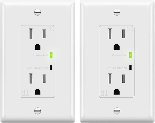 Main image of Surge Protector Outlet, Tamper-Resistant, 15A 125V, 2-Pack 900-joule surge protection, grounding indicator light, self-grounding, child safe, UL Listed