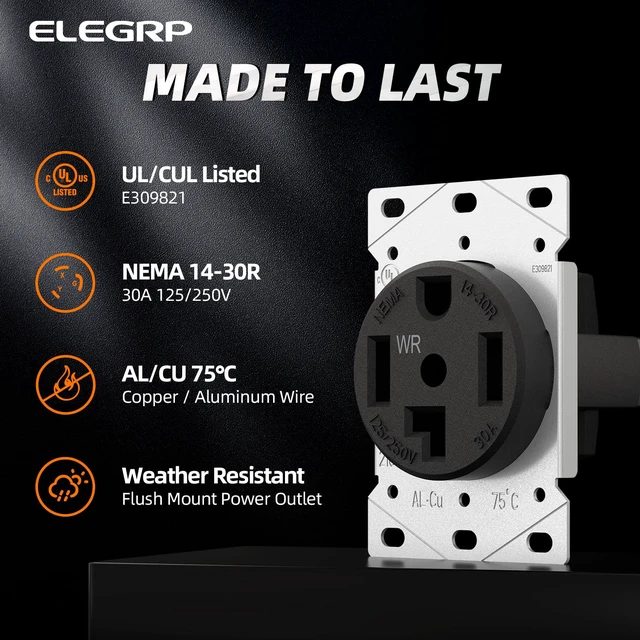 Alt view image 2 of 6 - NEMA 14-30R WR Weather Resistant Dryer Outlet, 30 Amps 125/250V Flush Mounting Power Outlet, Straight Blade Heavy Duty Dryer Receptacle, Grounding, 3 Pole 4 Wire, UL Listed, 1 Pack