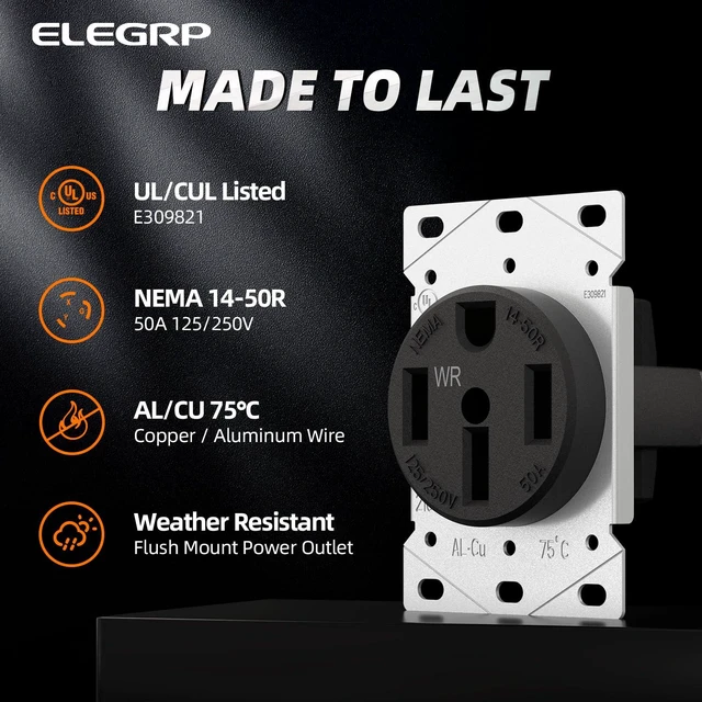 Alt view image 2 of 6 - NEMA 14-50R WR Weather Resistant Range Oven Stove Receptacle, 50A 125/250V Flush Mounting Power Outlet, Straight Blade Heavy Duty Range Receptacle, Grounding, 3 Pole 4 Wire, UL Listed, 1 Pack