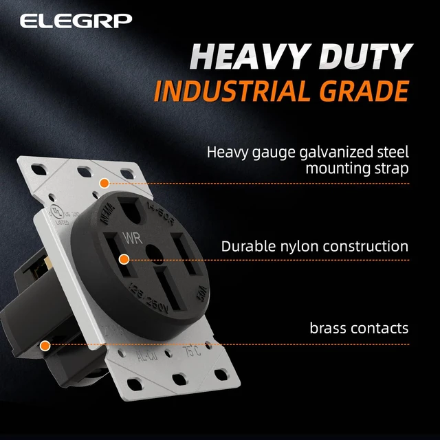 Alt view image 3 of 6 - NEMA 14-50R WR Weather Resistant Range Oven Stove Receptacle, 50A 125/250V Flush Mounting Power Outlet, Straight Blade Heavy Duty Range Receptacle, Grounding, 3 Pole 4 Wire, UL Listed, 1 Pack