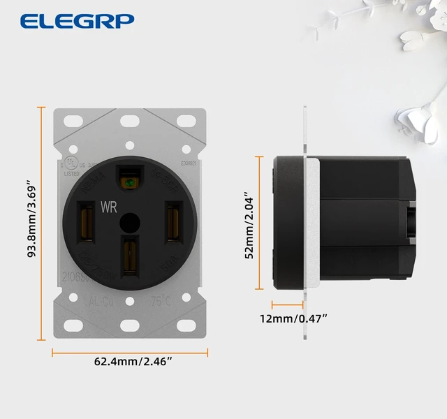 Alt view image 5 of 6 - NEMA 14-50R WR Weather Resistant Range Oven Stove Receptacle, 50A 125/250V Flush Mounting Power Outlet, Straight Blade Heavy Duty Range Receptacle, Grounding, 3 Pole 4 Wire, UL Listed, 1 Pack