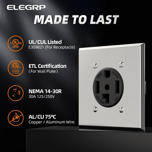 Alt view image 2 of 6 - 30 Amps 125/250V Dryer Outlet, NEMA 14-30R Flush Mounting Power Outlet UL Listed, Straight Blade Heavy Duty Dryer Receptacle, with Stainless Steel Wall Plate, Grounding, 3 Pole 4 Wire, 1 Pack