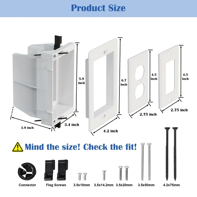 Alt view image 2 of 7 - Recessed Outlet/Electrical Box Single Gang, Recessed Outlet Box for Wall Mount TV, Antenna, Phone and Cable TV, Suitable for GFCI & Standard, for Old or New Construction(2 Pack)