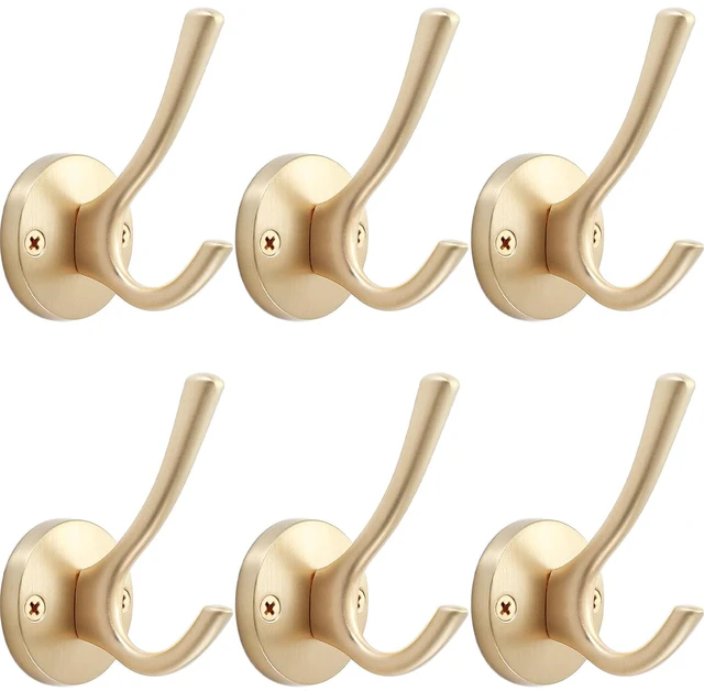 Main image of Gold Wall Hooks, 6 Pack Coat Robe Hook Heavy Duty Metal Double Bath Hook Wall Mounted, Hand Towel Hooks for Cubicle Bathroom Kitchen Closet Garage