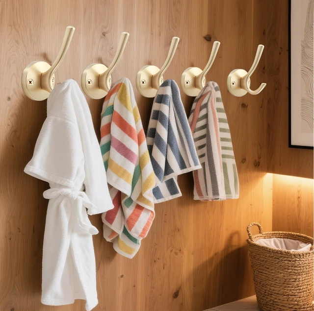 Alt view image 3 of 7 - Gold Wall Hooks, 6 Pack Coat Robe Hook Heavy Duty Metal Double Bath Hook Wall Mounted, Hand Towel Hooks for Cubicle Bathroom Kitchen Closet Garage