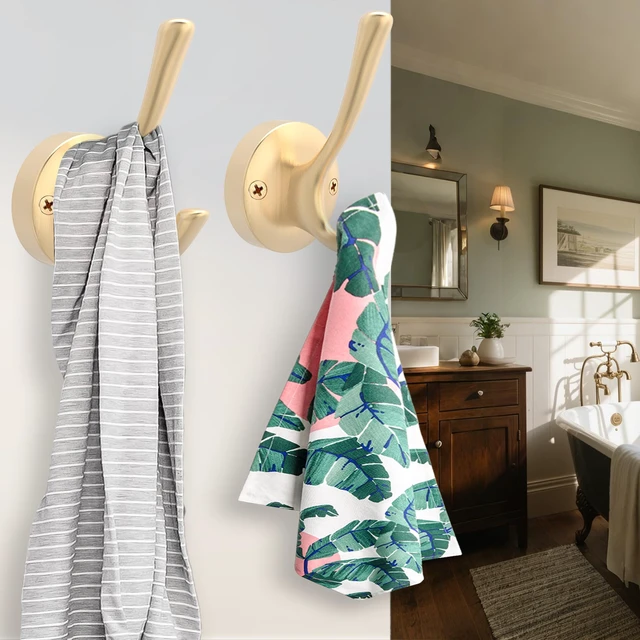 Alt view image 4 of 7 - Gold Wall Hooks, 6 Pack Coat Robe Hook Heavy Duty Metal Double Bath Hook Wall Mounted, Hand Towel Hooks for Cubicle Bathroom Kitchen Closet Garage