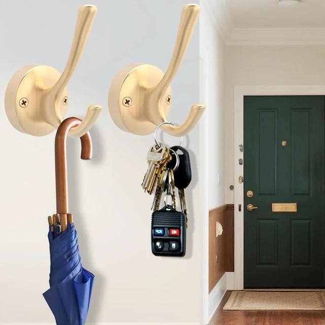 Alt view image 5 of 7 - Gold Wall Hooks, 6 Pack Coat Robe Hook Heavy Duty Metal Double Bath Hook Wall Mounted, Hand Towel Hooks for Cubicle Bathroom Kitchen Closet Garage