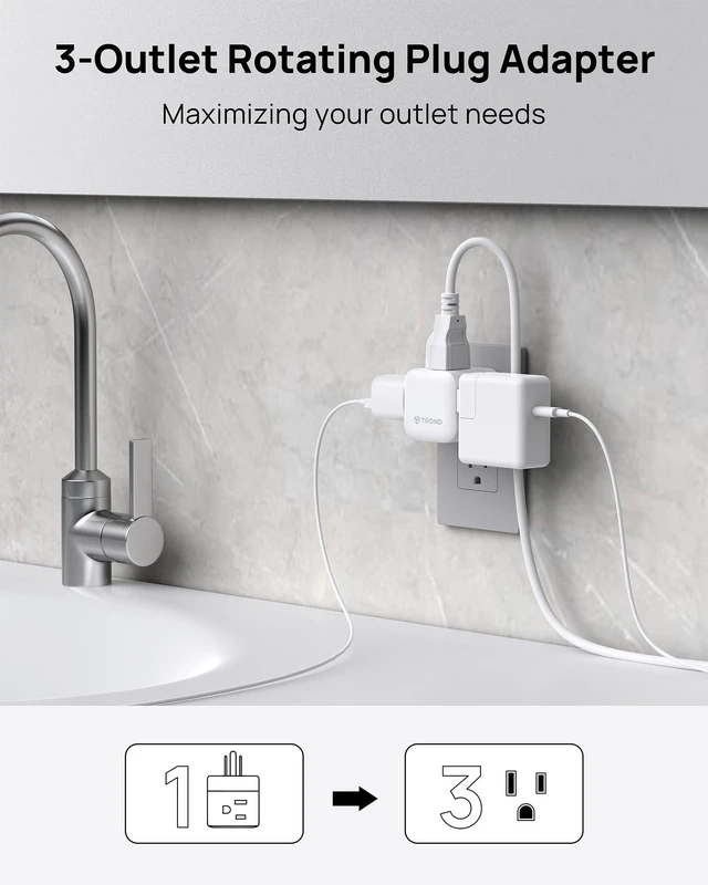 Alt view image 2 of 7 - Multi Plug Wall Outlet 2 Pack, 3 Way Outlet Adapter 360 Rotating Plug, Cruise Ship Essentials, Small Wall Outlet Extender for Bathroom, Kitchen, Home, Office, Dorm