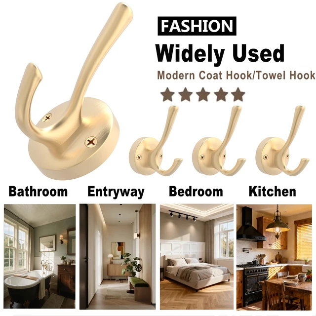 Alt view image 6 of 7 - Gold Wall Hooks, 6 Pack Coat Robe Hook Heavy Duty Metal Double Bath Hook Wall Mounted, Hand Towel Hooks for Cubicle Bathroom Kitchen Closet Garage