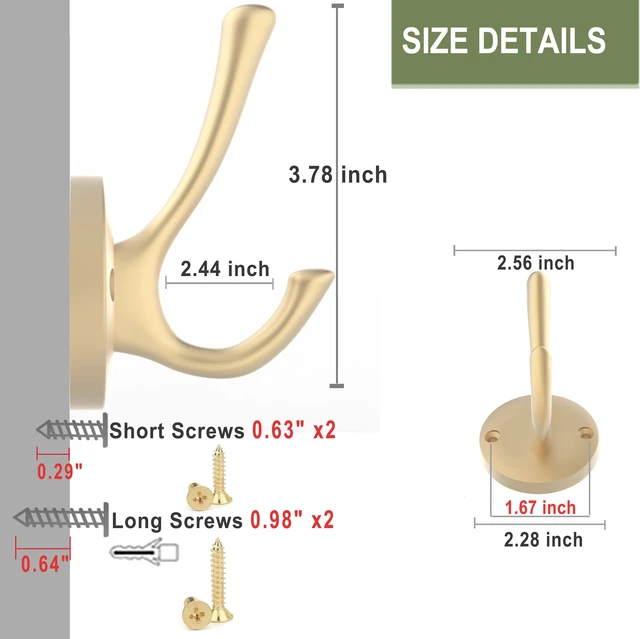 Alt view image 7 of 7 - Gold Wall Hooks, 6 Pack Coat Robe Hook Heavy Duty Metal Double Bath Hook Wall Mounted, Hand Towel Hooks for Cubicle Bathroom Kitchen Closet Garage