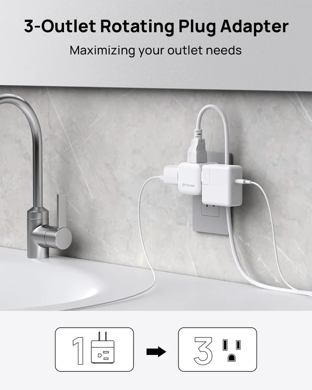 Alt view image 3 of 7 - 2 to 3 Prong Outlet Splitter 2 Pack - 3 Way Plug Extender 360 Rotating Plug, US to Japan Power Adapter for Travel, 3 Prong Adapter for Non-grounded Outlet in Old House