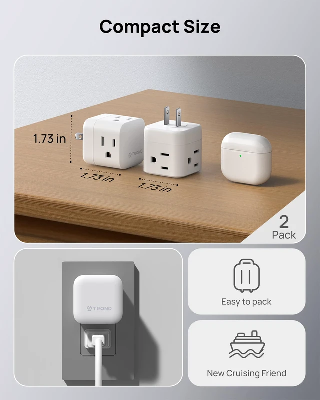 Alt view image 7 of 7 - 2 to 3 Prong Outlet Splitter 2 Pack - 3 Way Plug Extender 360 Rotating Plug, US to Japan Power Adapter for Travel, 3 Prong Adapter for Non-grounded Outlet in Old House