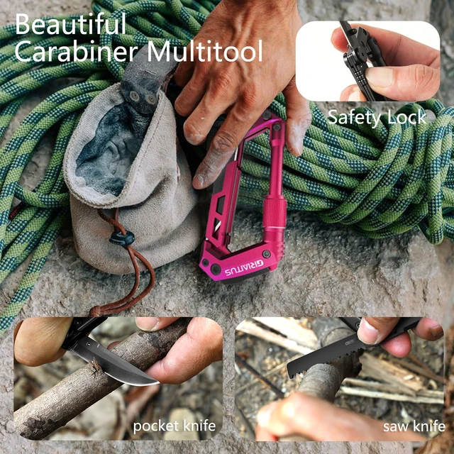 Alt view image 3 of 5 - Dark Pink Color Multitool Carabiner EDC Pocket Knife Gifts for Women EDC Carabiners Keychain with Bottle Opener, Rope Cutter, Window Breaker, multitool for Mom Wife Camping Hiking (Deep Pink)