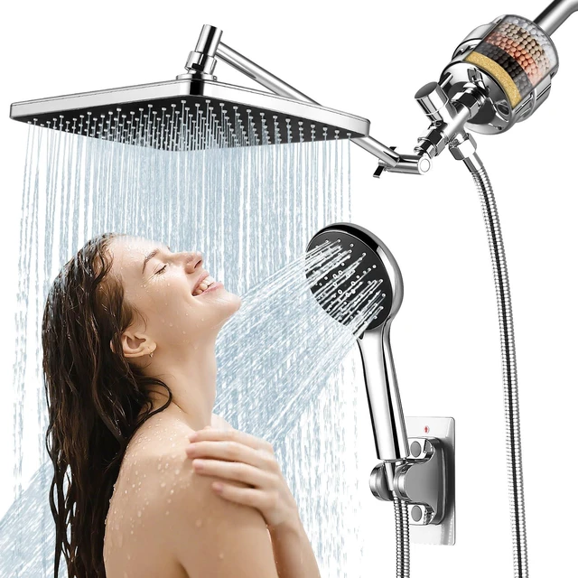 Main image of Shower Head with Handheld,High Pressure Chrome Filtered Shower Head 11.8" Rectangular,Rain Shower Head,Dual Shower Head,Bathroom Decor,Metal Extension Arm,5 Spray Mode