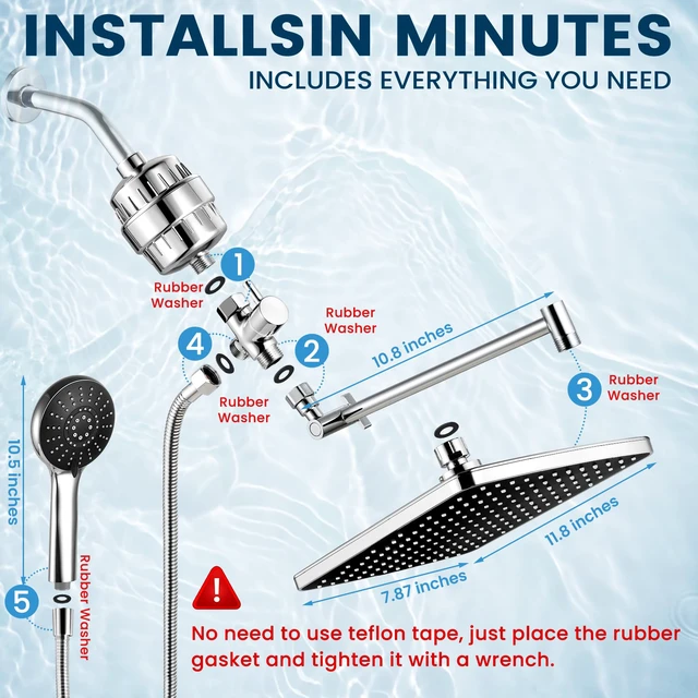 Alt view image 2 of 7 - Shower Head with Handheld,High Pressure Chrome Filtered Shower Head 11.8" Rectangular,Rain Shower Head,Dual Shower Head,Bathroom Decor,Metal Extension Arm,5 Spray Mode