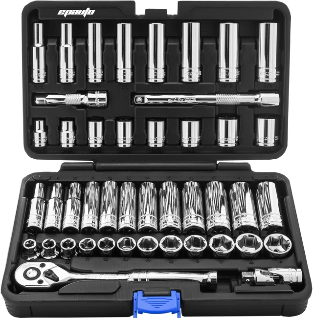 Main image of 45 Pieces 3/8" Drive Socket Set with 72-Tooth Pear Head Ratchet