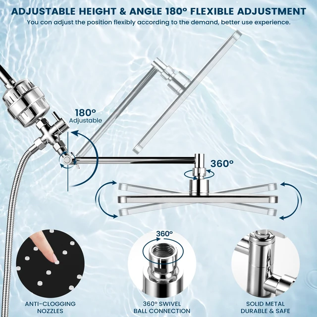 Alt view image 7 of 7 - Shower Head with Handheld,High Pressure Chrome Filtered Shower Head 11.8" Rectangular,Rain Shower Head,Dual Shower Head,Bathroom Decor,Metal Extension Arm,5 Spray Mode
