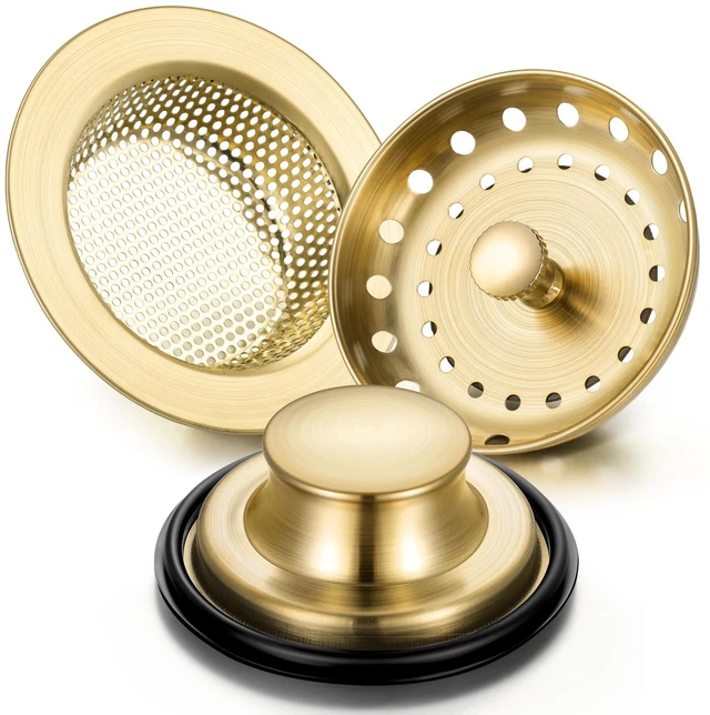 Main image of 3 Pcs Kitchen Sink Drain Strainer and Stopper Stainless Steel Garbage Disposal Plug with Handle Universal Anti-Clogging Kitchen Sink Filter Sieve Basket Strainer(Brushed Gold)