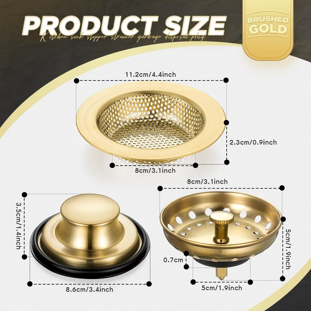 Alt view image 2 of 7 - 3 Pcs Kitchen Sink Drain Strainer and Stopper Stainless Steel Garbage Disposal Plug with Handle Universal Anti-Clogging Kitchen Sink Filter Sieve Basket Strainer(Brushed Gold)