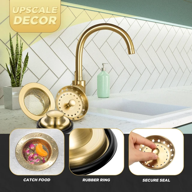 Alt view image 4 of 7 - 3 Pcs Kitchen Sink Drain Strainer and Stopper Stainless Steel Garbage Disposal Plug with Handle Universal Anti-Clogging Kitchen Sink Filter Sieve Basket Strainer(Brushed Gold)