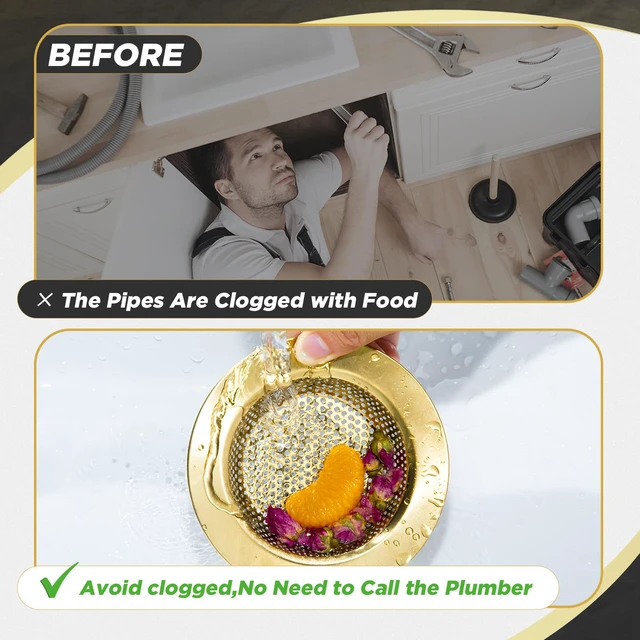 Alt view image 6 of 7 - 3 Pcs Kitchen Sink Drain Strainer and Stopper Stainless Steel Garbage Disposal Plug with Handle Universal Anti-Clogging Kitchen Sink Filter Sieve Basket Strainer(Brushed Gold)