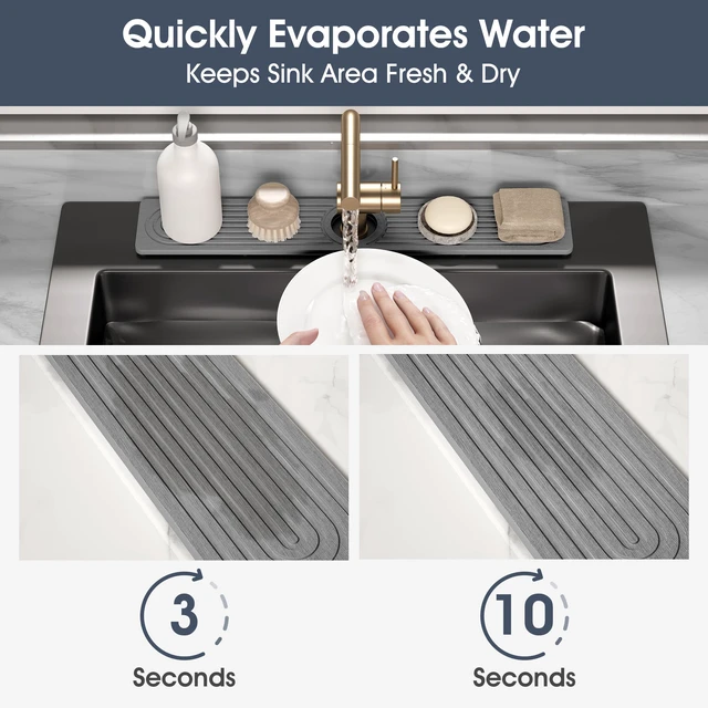 Alt view image 2 of 7 - Quick Drying Stone Faucet Mat for Kitchen Sink - Diatomite Sink Mat Absorbing Stone Tray for Bathroom Counter, Sink Faucet Splash Guard Water Protector Matt for Kitchen Counter(Gray, 17.7"x3.9")