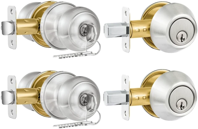 Main image of 2 Pack Entry Door Lock and Single Cylinder Deadbolt Combo Set, Keyed Alike Satin Nickel Exterior Door Knobs with Lock&Keys, Round Ball Door Locksets with Deadbolt for Entrance and Front Door
