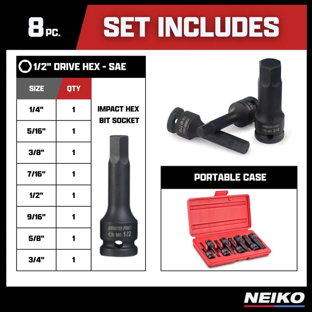 Alt view image 6 of 7 - 01137B 1/2-Inch-Drive Allen Socket Set, 3-Inch Length, 1/2-Inch Impact Hex-Bit Socket Set, SAE Hex Driver 1/4" to 3/4", CrMo Steel, Impact-Grade, 8-Piece Set