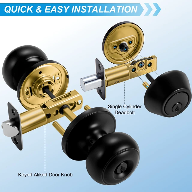 Alt view image 7 of 7 - 2 Pack Front Door Lock Set Matte Black,Exterior Door Lock Set with Deadbolt,Single Cylinder Deadbolt Lock and Door Knob Set,Keyed Alike Door Knobs with Lock&Keys,Round Ball Entry Door Lockset