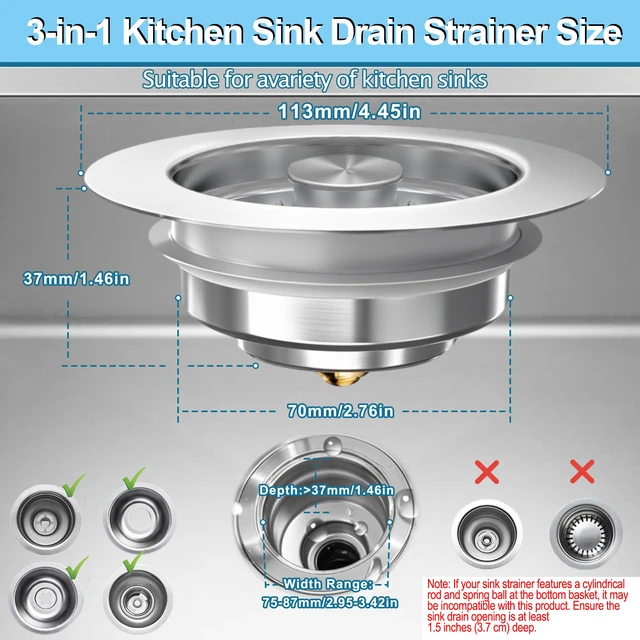 Alt view image 3 of 7 - Sink Drain Strainer 3 in 1, 304 Stainless Steel Pop Up Kitchen Sink Stopper with Anti-Clogging Basket, Kitchen Essential Drain Anti-Clog Gadgets, Fits US Standard 3-1/2'' Sink Drain (Silver, 2 Pack)