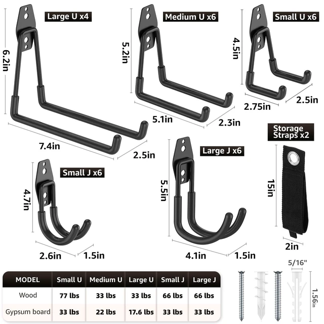 Alt view image 2 of 7 - Heavy Duty Garage Hooks for Storage & Hanging Items, 30-Pack for Hanging Bikes, Hoses, Ladders, Ropes, Garden Tools; for Garage, Warehouse, Yard, Shed