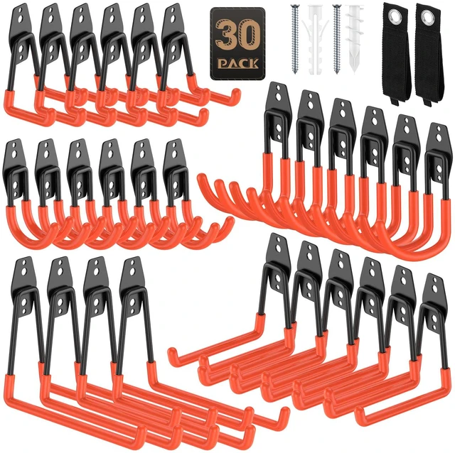 Main image of Heavy Duty Garage Hooks for Storage & Hanging Items, 30-Pack for Hanging Bikes, Hoses, Ladders, Ropes, Garden Tools; for Garage, Warehouse, Yard, Shed