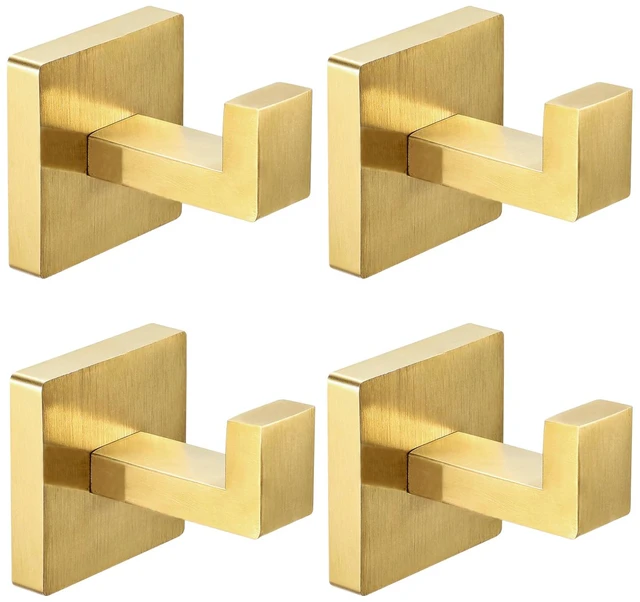 Main image of 4-Pack Towel Hooks Hand Towel Holder Bathroom Robe Hanger Gold Brushed Gold Square Coat Hook Wall Mount Heavy Duty Stainless Steel Hat Hook for Living Room Bedroom Kitchen Closet