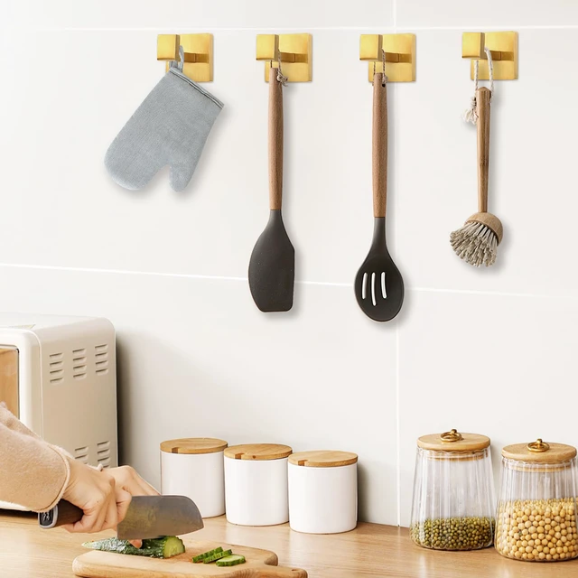 Alt view image 3 of 7 - 4-Pack Towel Hooks Hand Towel Holder Bathroom Robe Hanger Gold Brushed Gold Square Coat Hook Wall Mount Heavy Duty Stainless Steel Hat Hook for Living Room Bedroom Kitchen Closet