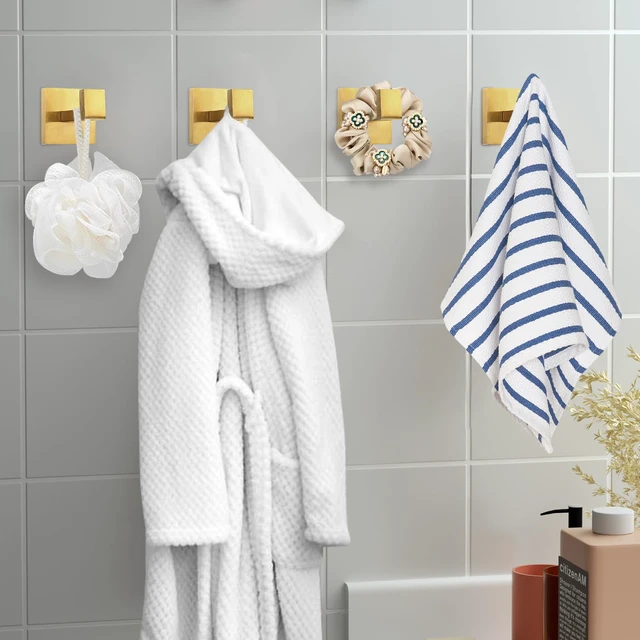Alt view image 5 of 7 - 4-Pack Towel Hooks Hand Towel Holder Bathroom Robe Hanger Gold Brushed Gold Square Coat Hook Wall Mount Heavy Duty Stainless Steel Hat Hook for Living Room Bedroom Kitchen Closet
