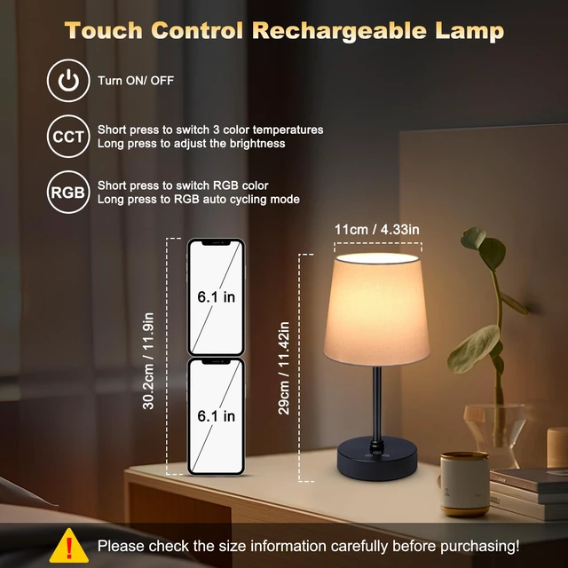 Alt view image 2 of 7 - Cordless Table Lamp,5000mAh Rechargeable Battery Operated Desk Lamp,3Colors & 7 RGB Stepless Dimmable, Portable Small Touch Fabric Shade LED Night Light for Patio Restaurant Home(White)