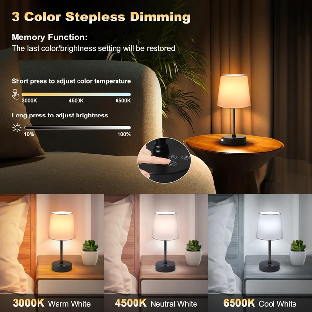 Alt view image 3 of 7 - Cordless Table Lamp,5000mAh Rechargeable Battery Operated Desk Lamp,3Colors & 7 RGB Stepless Dimmable, Portable Small Touch Fabric Shade LED Night Light for Patio Restaurant Home(White)