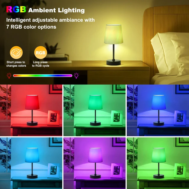 Alt view image 4 of 7 - Cordless Table Lamp,5000mAh Rechargeable Battery Operated Desk Lamp,3Colors & 7 RGB Stepless Dimmable, Portable Small Touch Fabric Shade LED Night Light for Patio Restaurant Home(White)