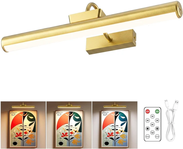 Main image of 16" Wireless Picture Lights for Wall, Rechargeable Art Light, 1Pack Gold Aluminum Photo Frame Light, Remote & Touch Control, 5000mAh Battery, 3 Color Temp, Dimmable, Magnetic Gallery Painting Light