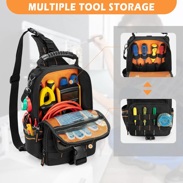 Alt view image 2 of 7 - Electrician Tool Pouch Bag, Zippered HVAC Tool Organizer Heavy-Duty Canvas Fabric, Ergonomic Handle, Removable Shoulder Strap, Ideal for Maintenance Repair Technician