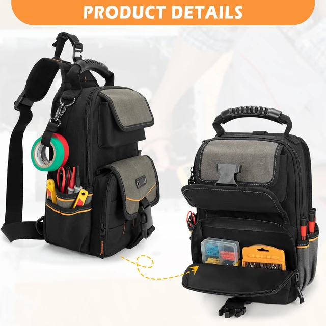 Alt view image 3 of 7 - Electrician Tool Pouch Bag, Zippered HVAC Tool Organizer Heavy-Duty Canvas Fabric, Ergonomic Handle, Removable Shoulder Strap, Ideal for Maintenance Repair Technician