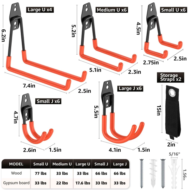 Alt view image 2 of 7 - Heavy Duty Garage Hooks for Storage & Hanging Items, 30-Pack for Hanging Bikes, Hoses, Ladders, Ropes, Garden Tools; for Garage, Warehouse, Yard, Shed