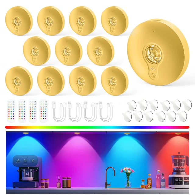 Main image of Rechargeable Puck Lights with Remote, 12 Pack Magnetic Under Cabinet Lighting, 1500mAh Battery Operated LED Tap Lights with Dimmer & Timmer for Kitchen, Closet, Shelf - 3 Color Temps & 12 RGB, Gold